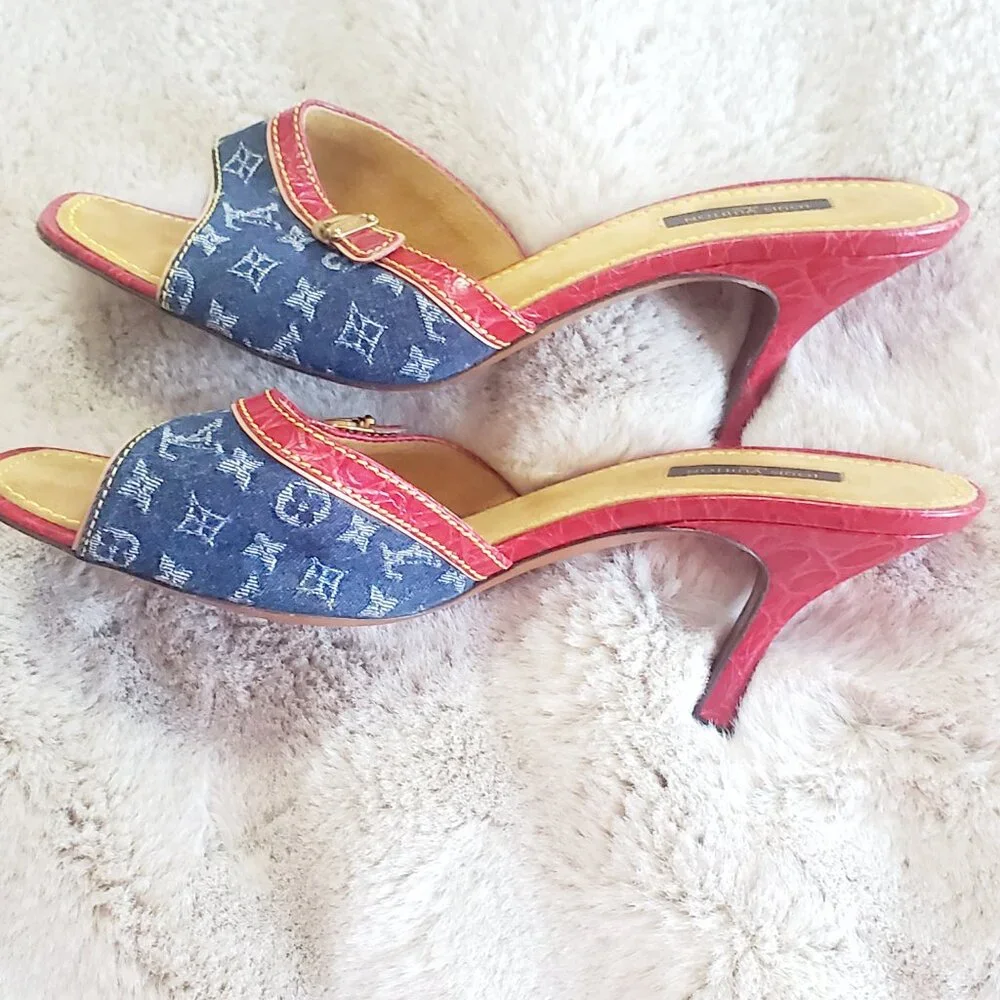 Louis Vuitton Monogram Denim Slide Sandals Red Leather Y2K LV Mule Luxury Size 9 - Picture 8 of 16